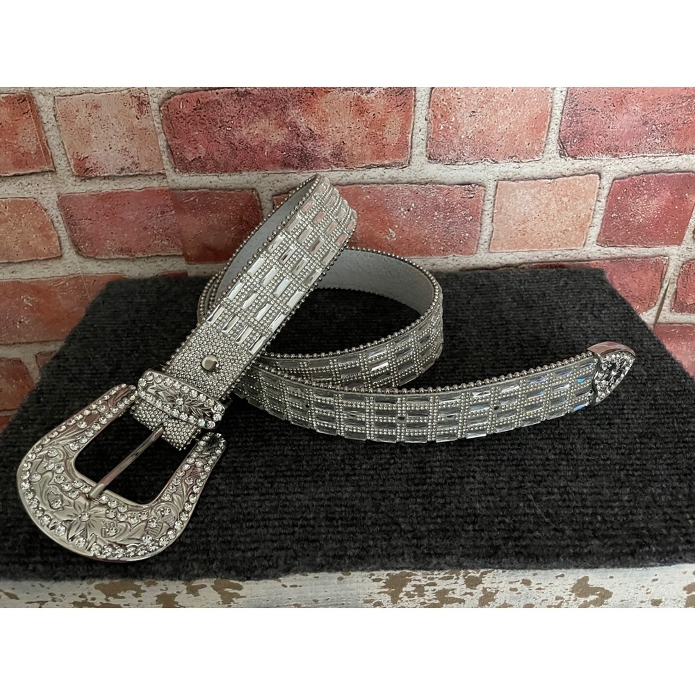 Western Rhinestone Crystal Genuine Leather Belt Silver Baguette Bling 6552 ML - Picture 3 of 5